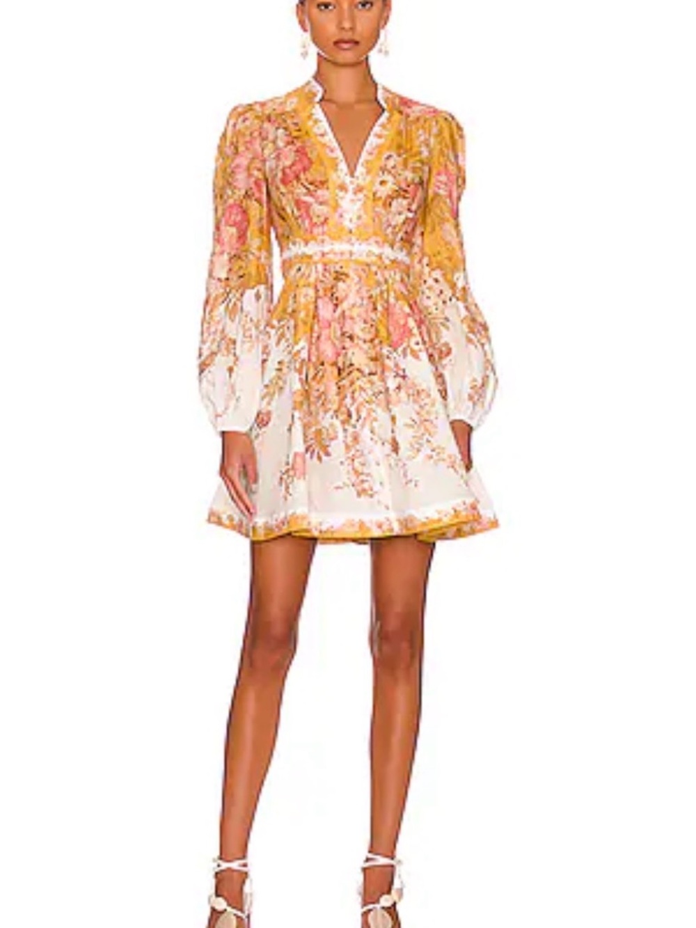 Zimmermann Pink and Gold Floral Puff-Sleeve Mini Dress linen